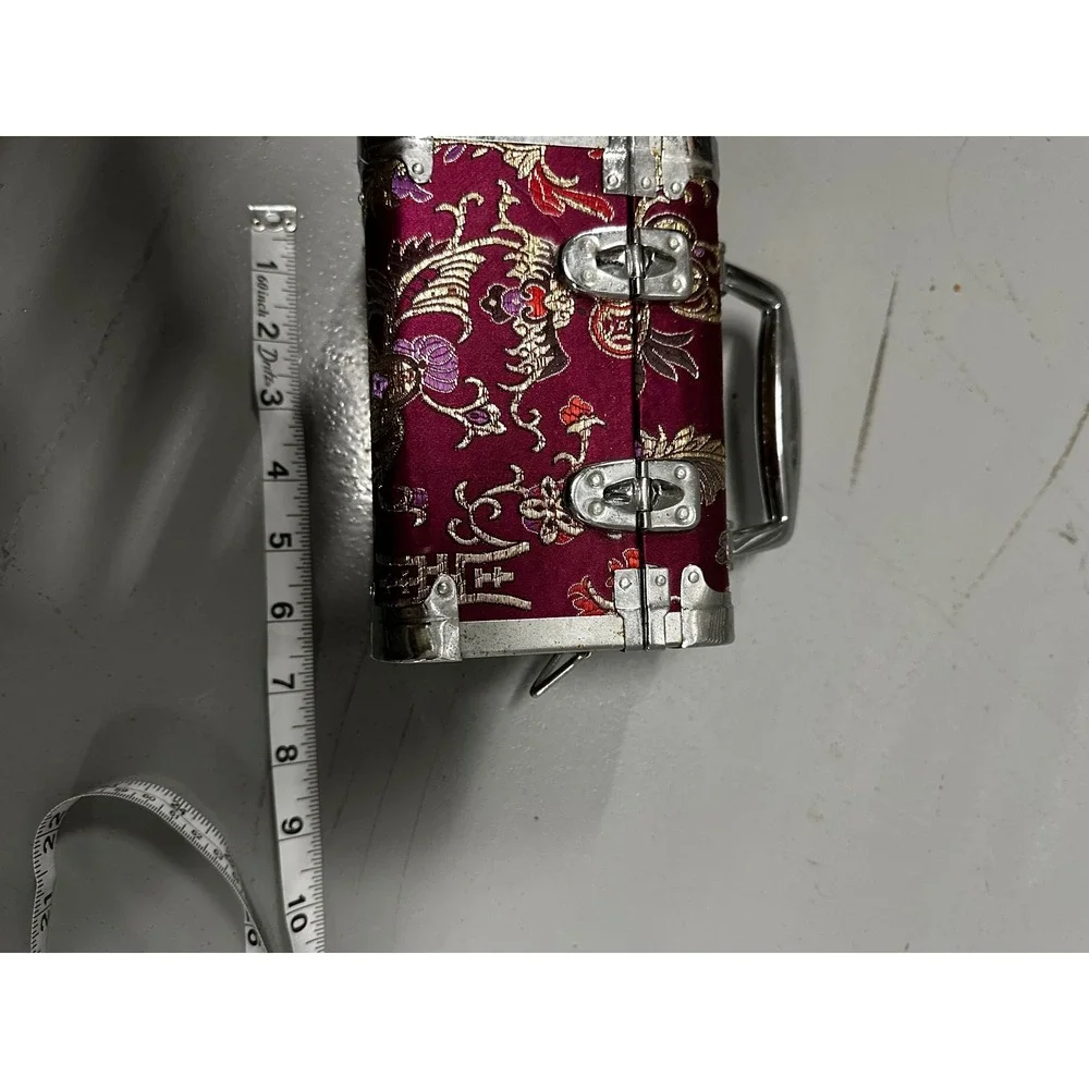 Vintage Floral Brocade Mini Jewelry Trunk Burgundy Gold Satin Travel Case Box